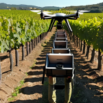 **AI-powered drone inspecting a vineyard for mildew detection.** Focus on the drone's perspective, showcasing the advanced technology identifying disease early.