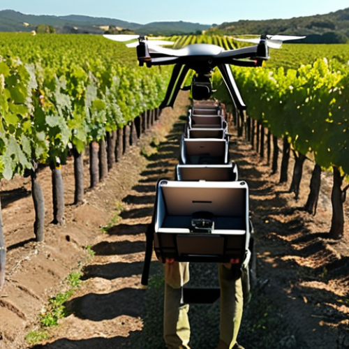 Home 11 **AI-powered drone inspecting a vineyard for mildew detection.** Focus on the drone's perspective, showcasing the advanced technology identifying disease early.