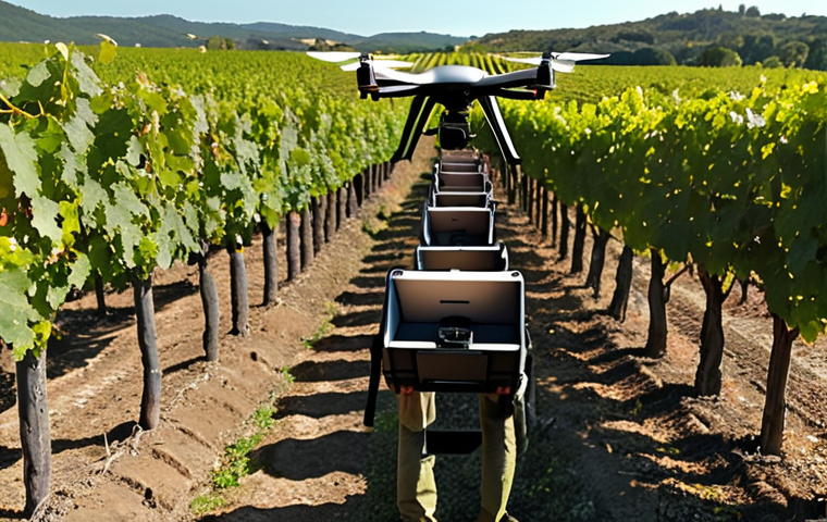 **AI-powered drone inspecting a vineyard for mildew detection.** Focus on the drone's perspective, showcasing the advanced technology identifying disease early.