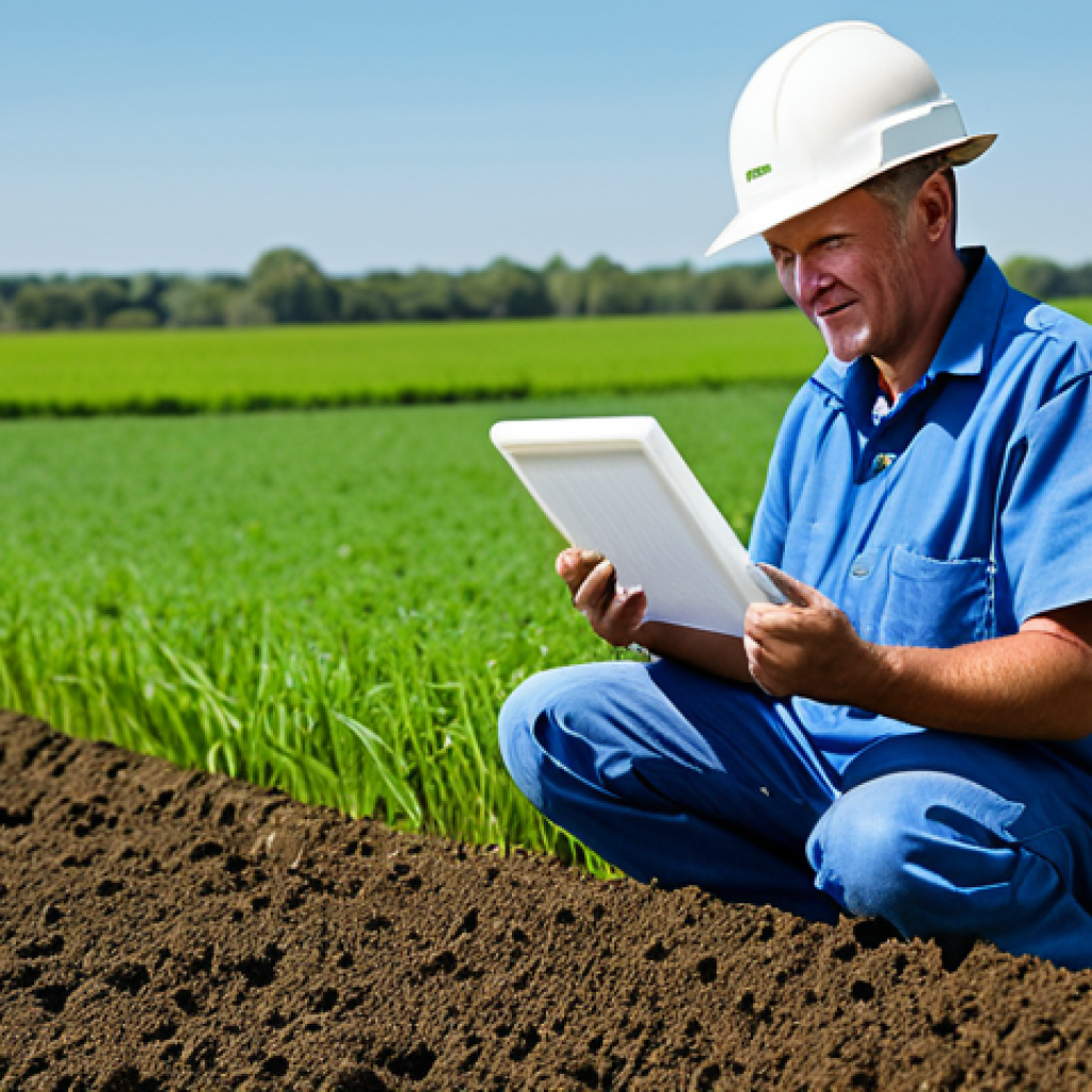 **

"A farmer, fully clothed in appropriate work attire, using a high-tech soil analysis kit (NF-Kit) in a vast green field. The background shows a healthy crop under a sunny sky. Focus on the farmer's confident expression. Safe for work, appropriate content, professional image, perfect anatomy, natural proportions, family-friendly."

**