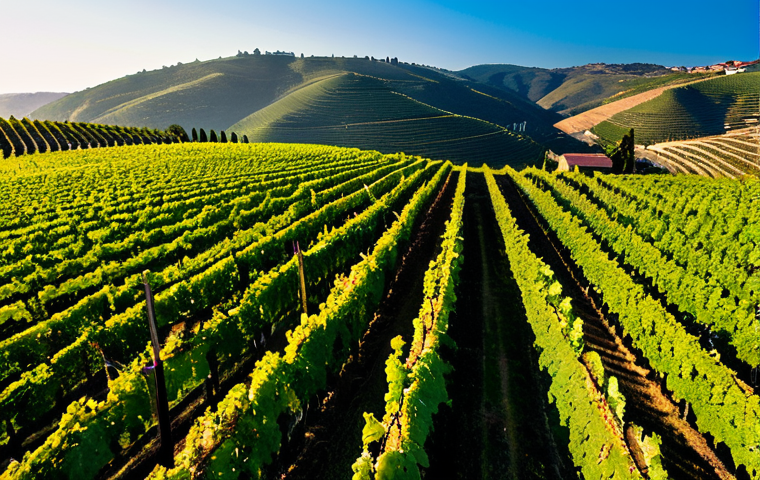 Drone Monitoring a Vineyard**

"Aerial view of a lush vineyard in the Douro Valley, Portugal. A drone equipped with multispectral cameras is flying above the rows of grapevines, capturing data. The sun is setting, casting a warm glow on the landscape. Rolling hills in the background. Professional photography, high resolution, perfect composition, safe for work, appropriate content, fully clothed, professional, modest, family-friendly, correct proportions, well-formed hands, natural pose."

**