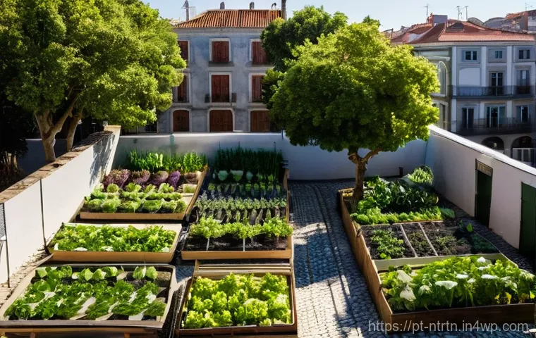 미래 도시의 식량 시스템 설계 - Prompt 1: A Vibrant Community Garden in a Historic Portuguese City**