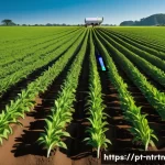Home 17 농업의 회복력 강화를 위한 기술 - A modern agricultural field scene showcasing smart sensors installed in soil at strategic points, ca...
