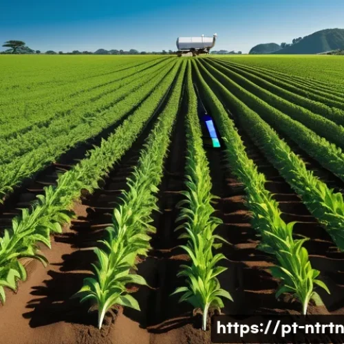 Home 27 농업의 회복력 강화를 위한 기술 - A modern agricultural field scene showcasing smart sensors installed in soil at strategic points, ca...