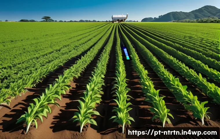 농업의 회복력 강화를 위한 기술 - A modern agricultural field scene showcasing smart sensors installed in soil at strategic points, ca...