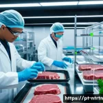 Home 16 실험실에서 재배한 고기의 장단점 - A futuristic laboratory setting showcasing scientists in white lab coats and safety glasses carefull...