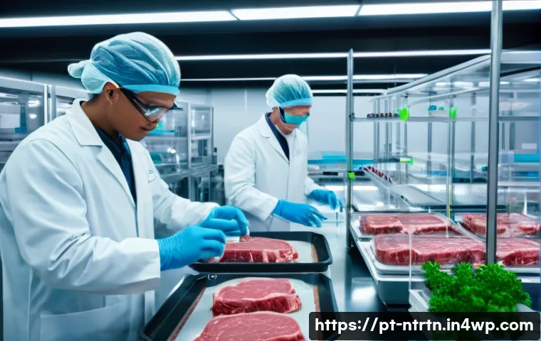 실험실에서 재배한 고기의 장단점 - A futuristic laboratory setting showcasing scientists in white lab coats and safety glasses carefull...