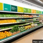Home 20 식량 생산의 변화에 대한 소비자 반응 - A vibrant Brazilian supermarket aisle showcasing shelves filled with natural, organic, and plant-bas...